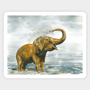 Loose Painting of a Baby Elephant Taking a Shower Sticker